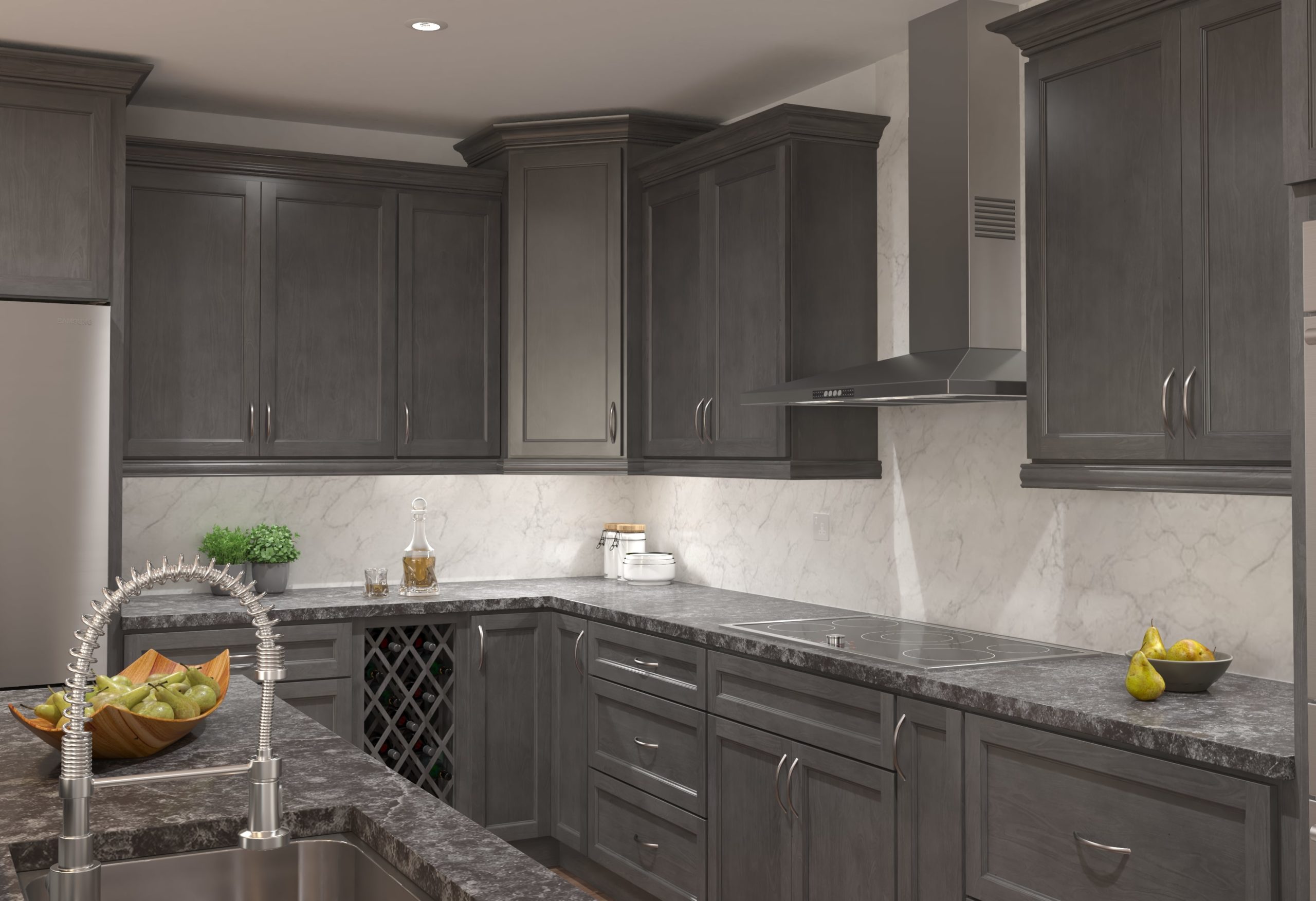 White Upper Cabinets and Gray Lower Cabinets with Gray Kitchen Island -  Transitional - Kitchen