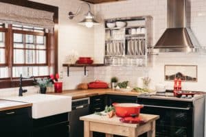 rustic kitchen with steel range hood