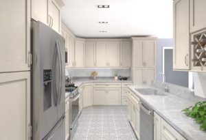 tile flooring and white shelves in galley kitchen