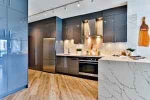 kitchen with distressed wood flooring