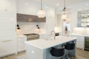 minimalist kitchen with white marble counters