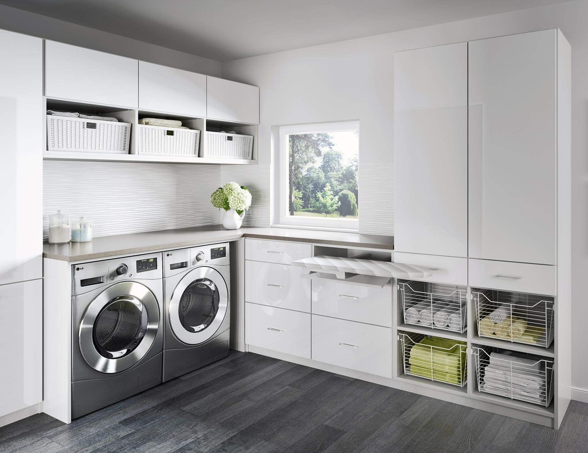laundry room white dark wood floors and white cabinets